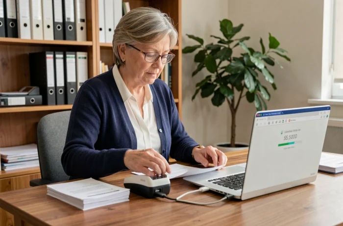 Femme de 50 ans scannant des documents administratifs à son bureau à domicile pour les envoyer en ligne à Agirc-Arrco