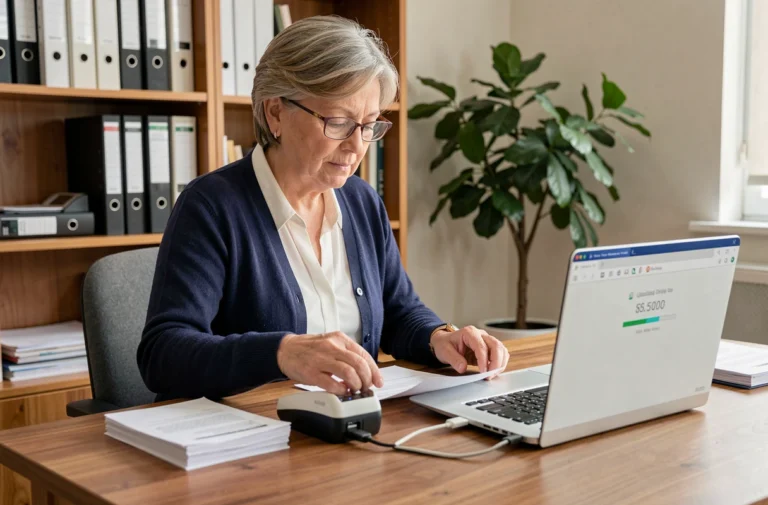 Femme de 50 ans scannant des documents administratifs à son bureau à domicile pour les envoyer en ligne à Agirc-Arrco