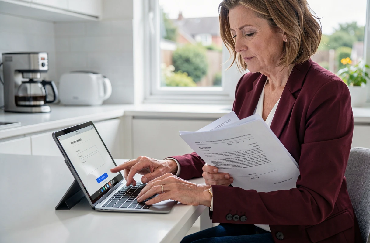 Femme utilisant une tablette pour envoyer des documents administratifs volumineux à son organisme de retraite complémentaire