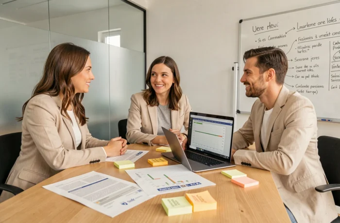 Équipe de consultants en référencement discutant d'une stratégie SEO autour de rapports et d'un ordinateur portable en salle de réunion