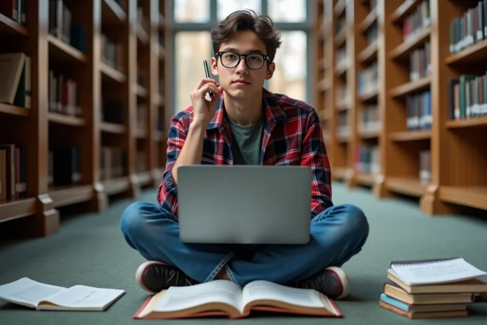 Étudiant adolescent apprenant à coder un site web dans une bibliothèque universitaire entouré de livres de programmation