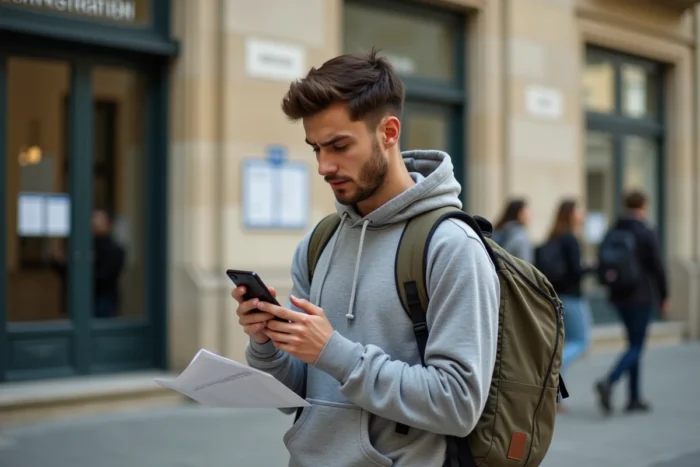 Étudiant vérifiant son téléphone devant un bâtiment universitaire pendant une année de césure