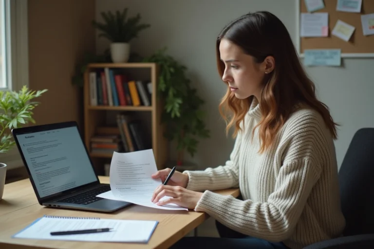 Étudiante en année de césure consultant des documents administratifs sur la CVEC à son bureau