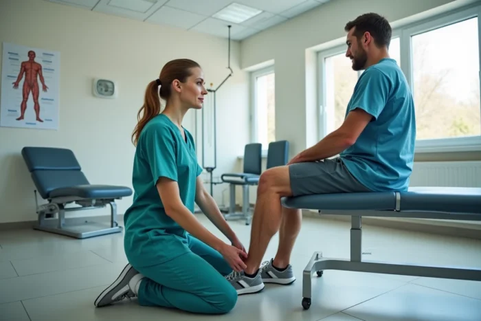Étudiante en kinésithérapie pratiquant une technique de thérapie manuelle sur un patient dans un centre de rééducation moderne