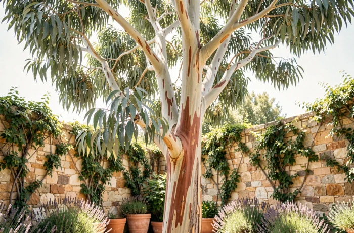 Grand eucalyptus aux feuilles bleutées dans un jardin méditerranéen avec mur en pierre et lavande