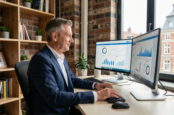 Expert en référencement SEO belge analysant des données de visibilité web sur des écrans dans un bureau moderne à Bruxelles