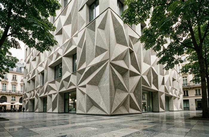 Façade contemporaine en béton paramétrique avec motifs géométriques complexes, tendance architecturale 2024