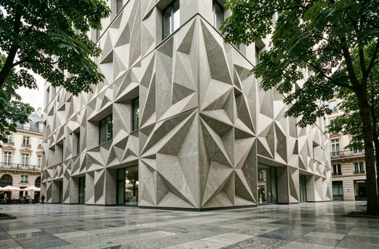 Façade contemporaine en béton paramétrique avec motifs géométriques complexes, tendance architecturale 2024