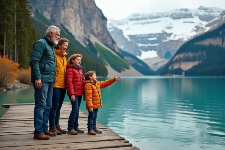 Famille multigénérationnelle sur un ponton en bois face à un lac alpin turquoise entouré de montagnes, riant ensemble lors d'un voyage inoubliable