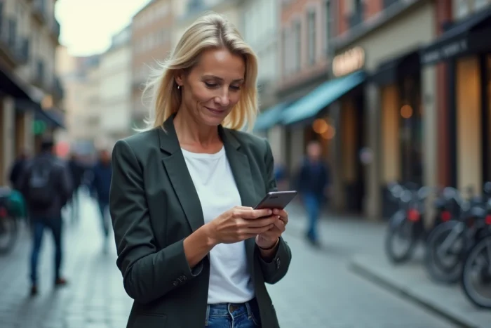 Femme active consultant son téléphone dans la rue pour retrouver un objet perdu grâce à une application de localisation, représentant l'utilité d'un outil comme Rabbit Finder