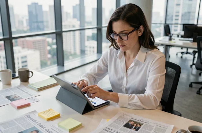 Femme consultant les dernières actualités sur une tablette dans un bureau moderne avec vue sur la ville