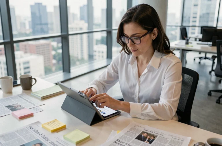 Femme consultant les dernières actualités sur une tablette dans un bureau moderne avec vue sur la ville