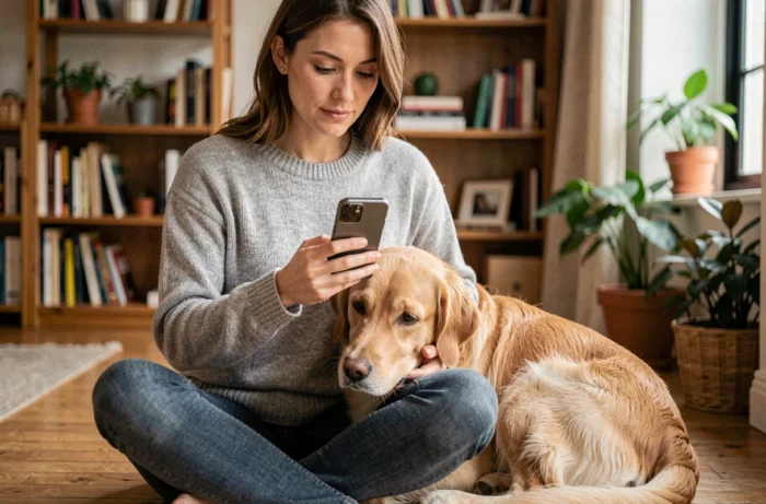 Femme consultant l'application vétérinaire en ligne sur son smartphone avec son chien golden retriever dans un appartement cosy