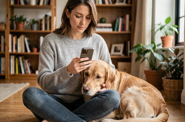 Femme consultant l'application vétérinaire en ligne sur son smartphone avec son chien golden retriever dans un appartement cosy
