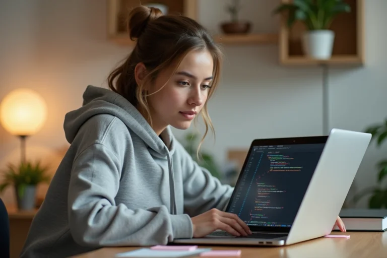 Jeune femme apprenant à coder un site web sur un ordinateur portable dans un bureau à domicile cosy