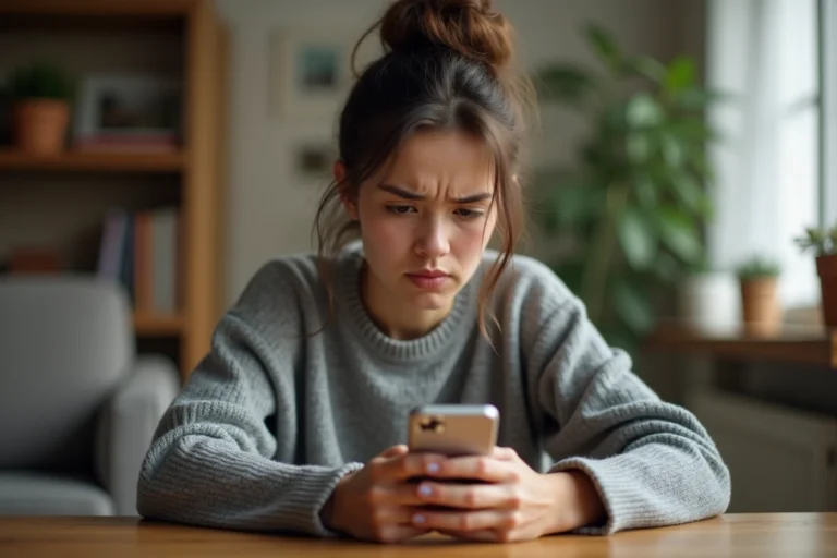 Jeune femme perplexe regardant son smartphone affichant un profil Instagram avec une perte d'abonnés visible