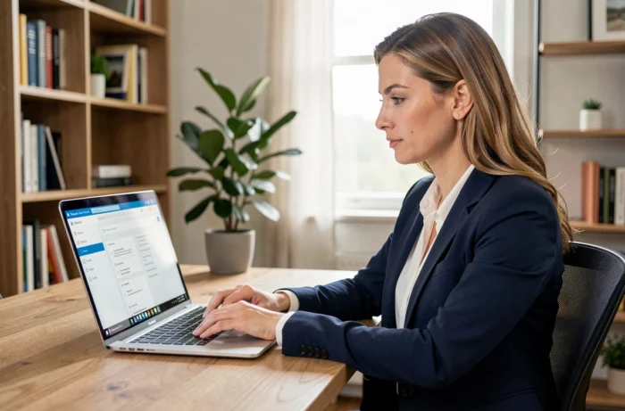 Femme professionnelle accédant à une plateforme de gestion de documents sécurisés sur son ordinateur portable dans un bureau à domicile moderne