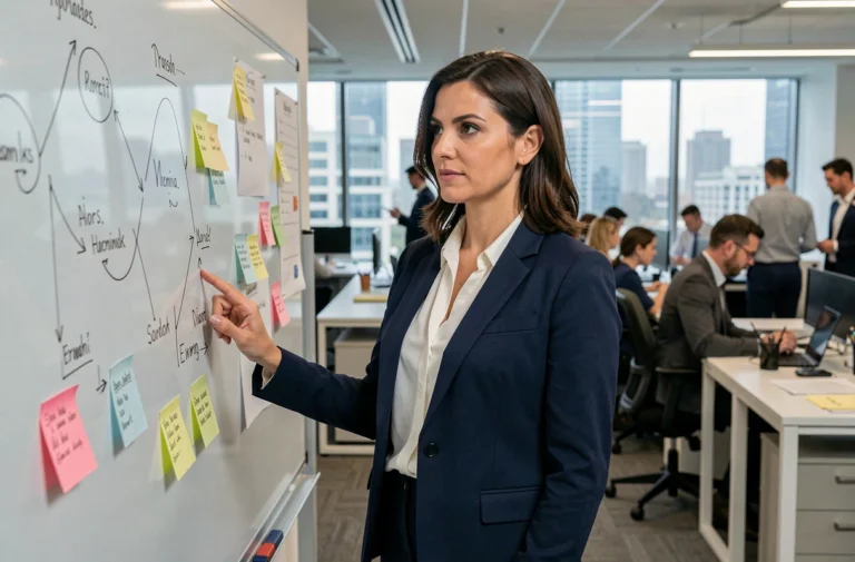 Femme cadre en entreprise analysant une stratégie d'intrapreneuriat sur un tableau blanc dans un bureau moderne