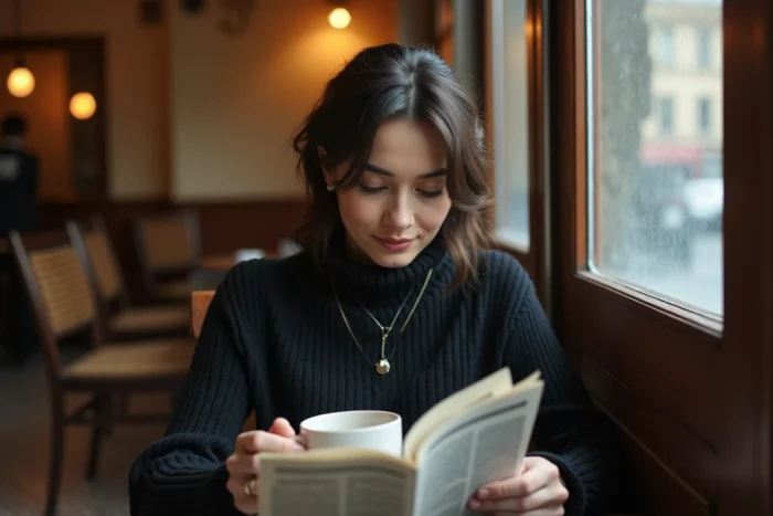 Femme lisant un journal dans un café parisien intimiste, ambiance privée et réflexive, style éditorial