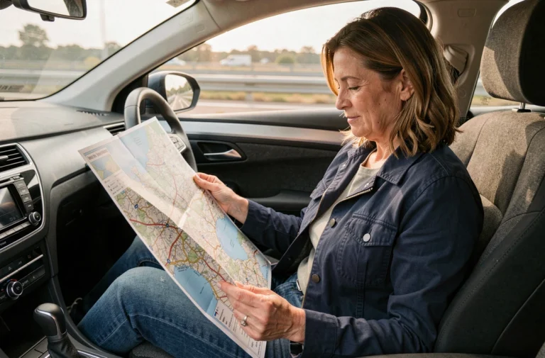 Femme consultant une carte routière des autoroutes françaises dans une voiture pour planifier un trajet en 2026