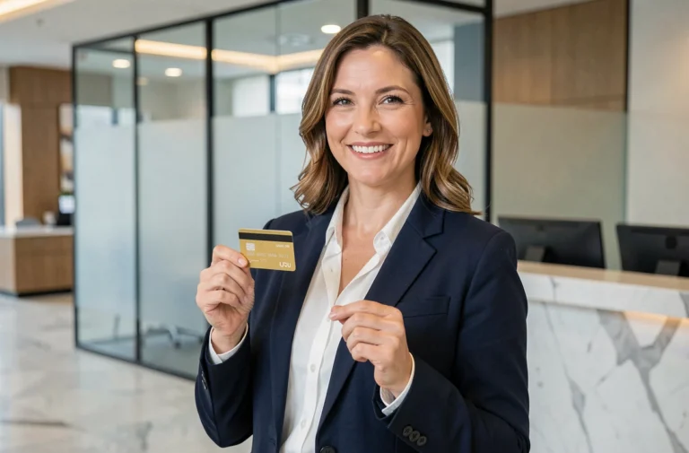 Femme tenant une carte Gold Crédit Agricole dans une agence bancaire moderne
