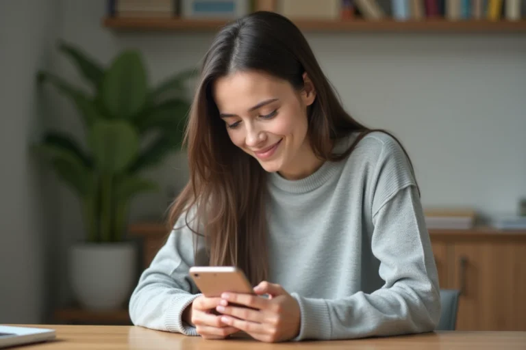 Jeune femme consultant les demandes d'abonnement sur Instagram depuis son smartphone à son bureau