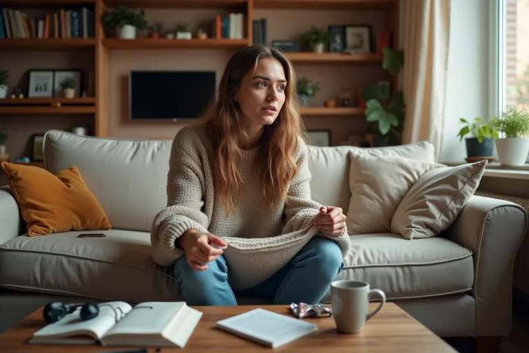 Jeune femme distraite cherchant ses affaires perdues dans un salon encombré, illustrant la problématique des objets égarés au quotidien
