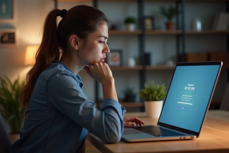 Femme frustrée face à une erreur de connexion sur un ordinateur portable à son bureau à domicile