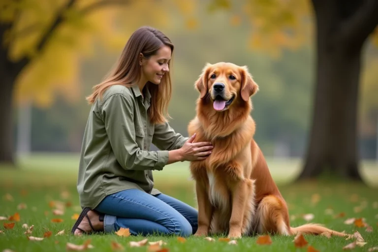 Femme agenouillée dans un parc automnal avec son golden retriever assis et attentif à ses côtés