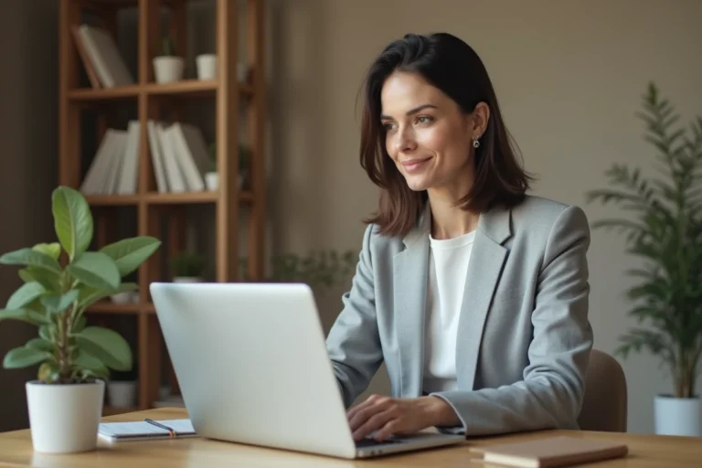 Femme professionnelle gérant sa boîte mail Zimbra sur un ordinateur portable dans un bureau à domicile moderne