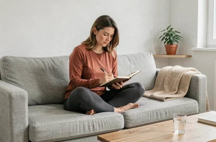 Femme écrivant dans un journal intime assise sur un canapé chez elle, symbolisant la guérison émotionnelle et la reconstruction de soi après une rupture due à l'infidélité