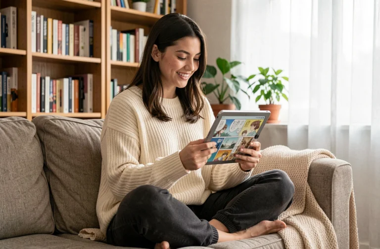Jeune femme lisant des mangas en ligne sur une tablette dans un salon cosy