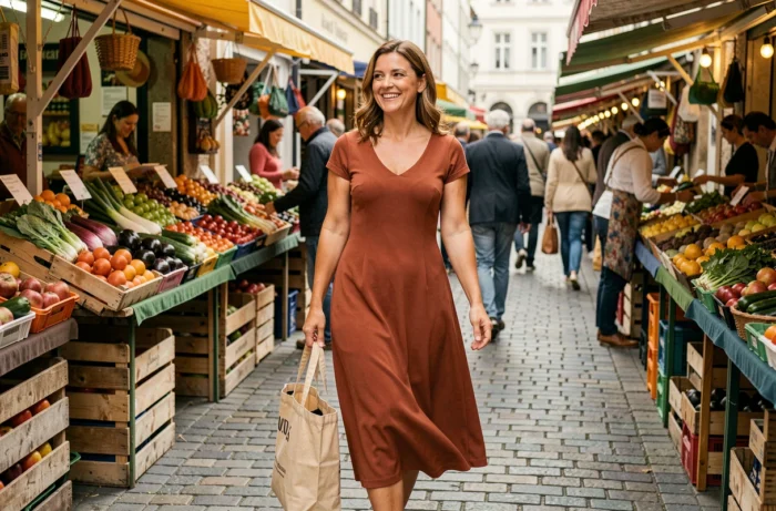 Femme épanouie et élégante faisant ses courses au marché en plein air, symbole d'un mode de vie moderne, authentique et conscient
