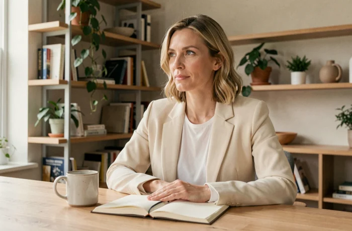 Femme moderne épanouie travaillant dans un bureau scandinave élégant, incarnant l'équilibre entre ambition et sérénité