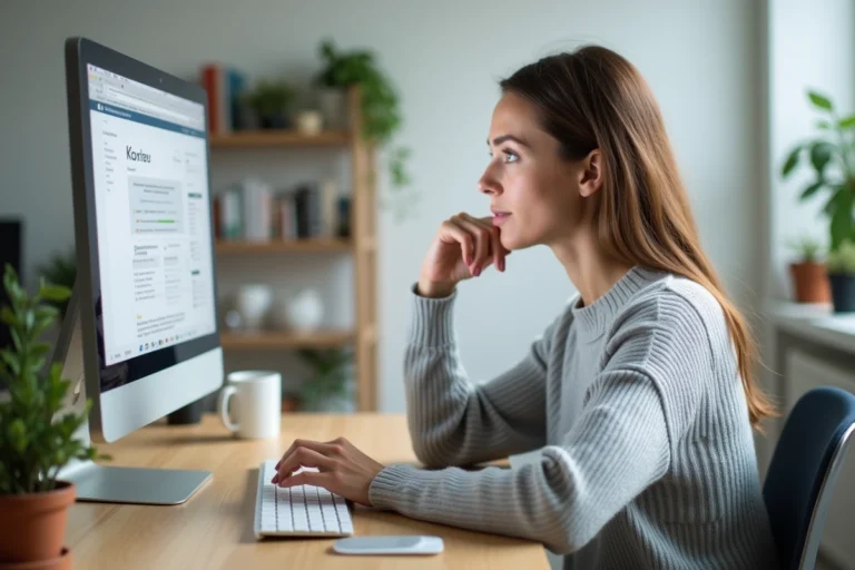 Femme naviguant sur un site web depuis un bureau minimaliste à domicile, illustrant la navigation efficace sur un site structuré