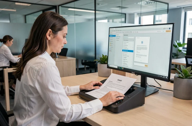 Professionnelle utilisant un logiciel de numérisation de documents Epsilon Scan Soft sur un écran d'ordinateur dans un bureau moderne