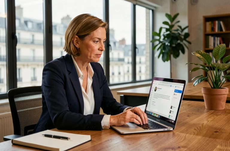 Femme professionnelle utilisant la messagerie Convergence Bordeaux sur un ordinateur portable dans un bureau moderne