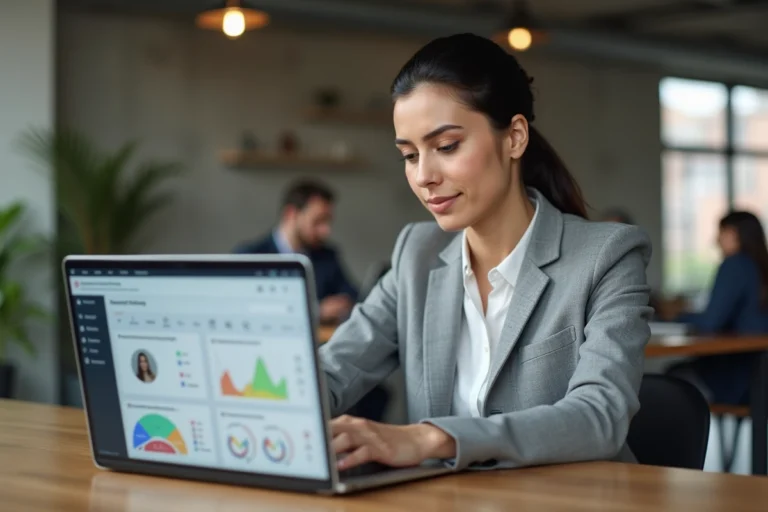 Femme professionnelle utilisant une plateforme de recherche de contacts type Rabitfinder sur un ordinateur portable dans un espace de coworking moderne