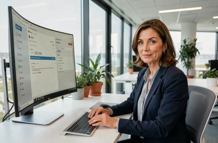 Professionnelle utilisant la messagerie Zimbra sur un ordinateur dans un bureau moderne à Cherbourg