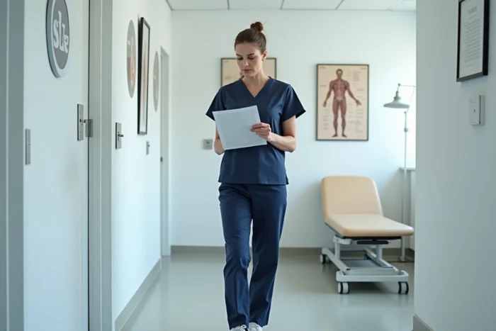 Femme en reconversion professionnelle consultant un programme de formation en kinésithérapie dans un couloir de clinique
