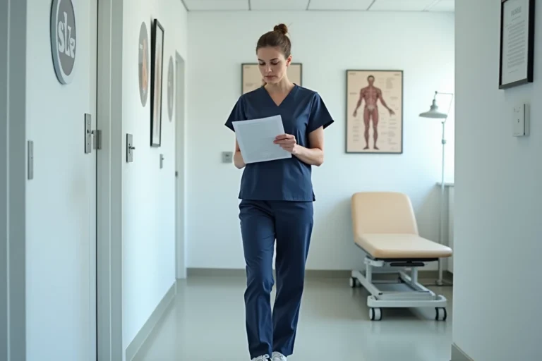 Femme en reconversion professionnelle consultant un programme de formation en kinésithérapie dans un couloir de clinique