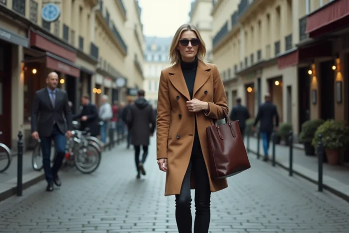 Femme élégante marchant dans une rue pavée parisienne, manteau camel, atmosphère de vie privée urbaine