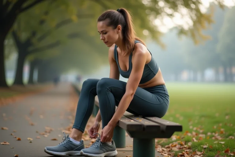 Femme sportive attachant ses chaussures de course dans un parc urbain avant son jogging matinal