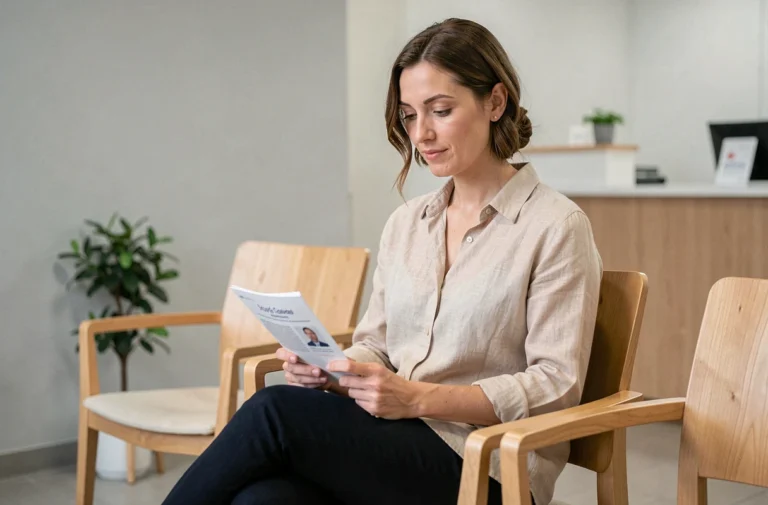 Femme détendue dans une salle d'attente médicale moderne avant un frottis gynécologique