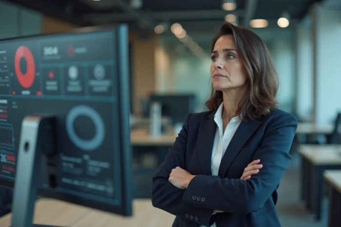 Femme professionnelle sceptique face à un tableau de bord numérique affichant des alertes, symbolisant la méfiance envers une plateforme défaillante