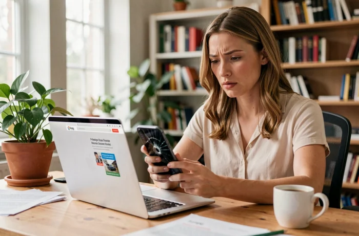 Femme consultant un service de réparation de smartphone en ligne depuis son bureau à domicile avec un téléphone à l'écran brisé