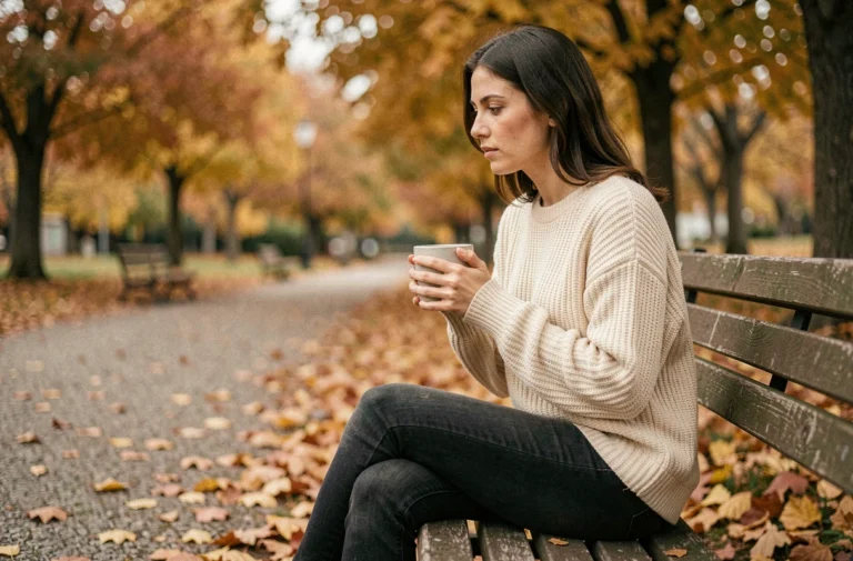 Femme seule assise sur un banc dans un parc en automne, tenant un mug de café, regard pensif symbolisant la reconstruction après une rupture