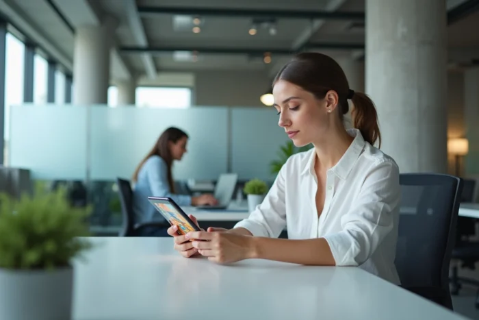 Femme utilisant un smartphone pliable dans un bureau high-tech moderne en 2024
