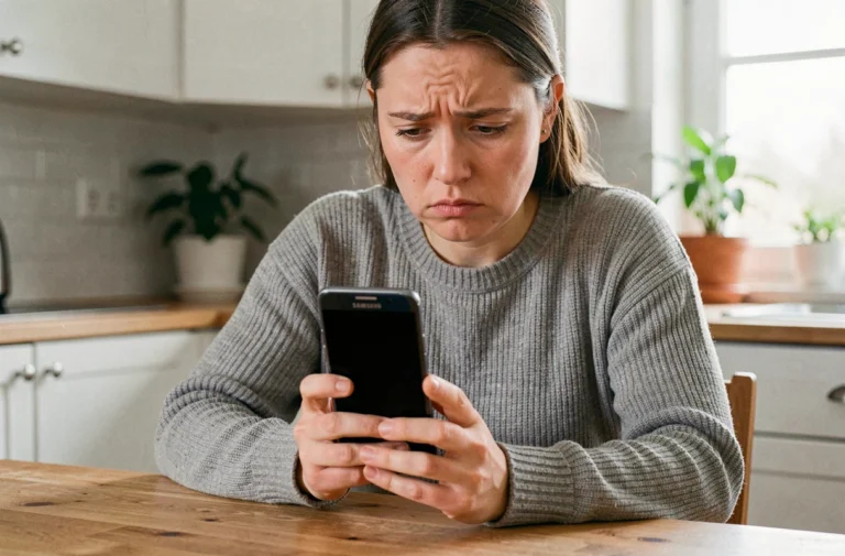 Femme tenant un smartphone Samsung avec écran noir dans une cuisine, expression préoccupée