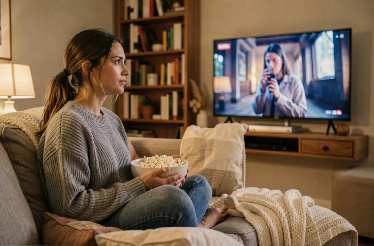 Jeune femme regardant un film en streaming sur sa télévision dans un salon cosy